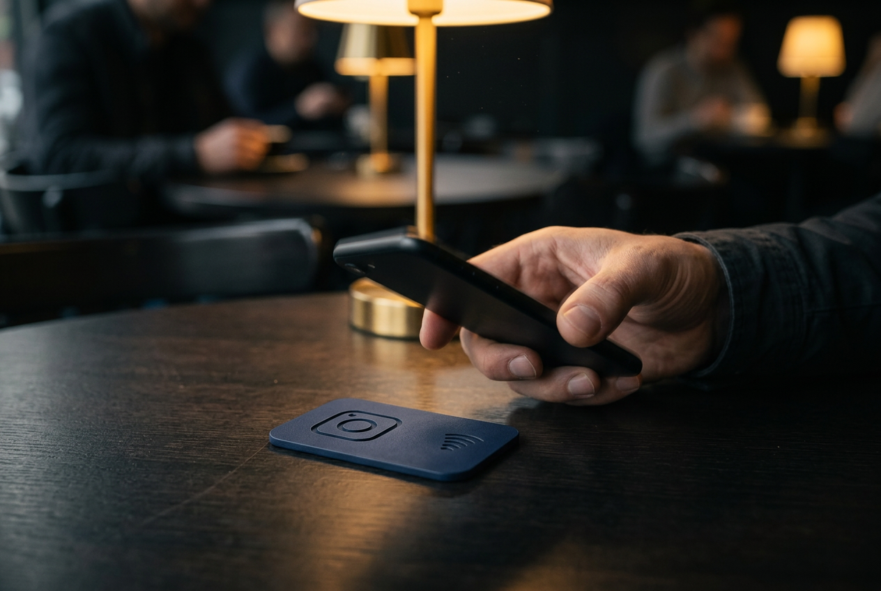 A phone tapping a navy NFC tap hub card on a café table
